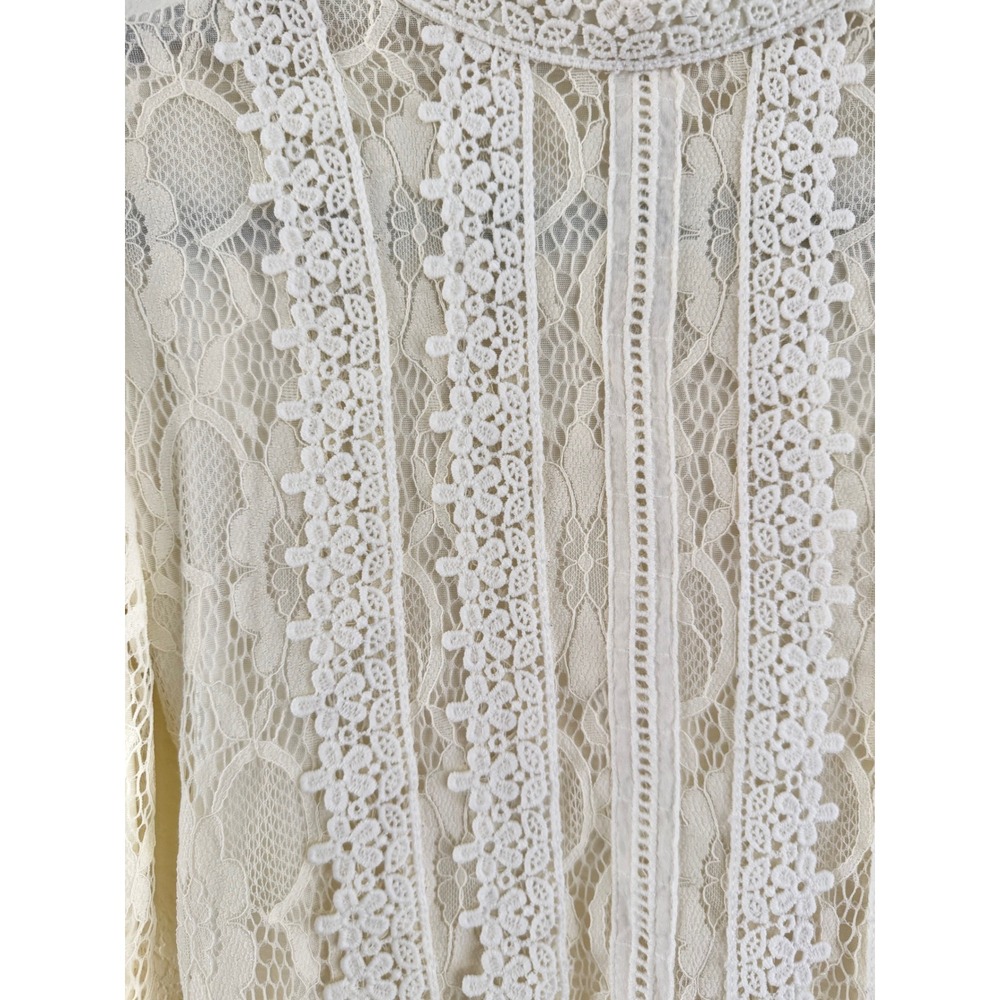 Vintage Lace Blouse Womens M Cream Victorian High Neck Crochet Long Sleeve - Picture 3 of 6